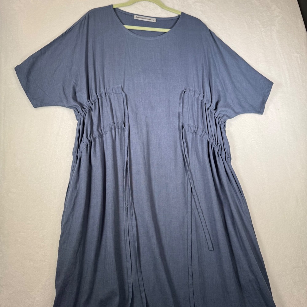 Dandelio Handmade Linen Cotton Cinch Drawstring Dress Blue L/XL | Oversized Midi - Picture 10 of 11